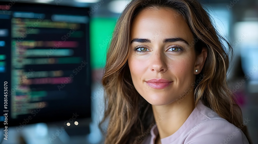 Smiling Confident Young Female IT Professional Working at Computer Coding Software in Stylish Modern Office Environment Smiling Confident Young Female IT Professional Working at Computer Coding Software in Stylish Modern Office Environment