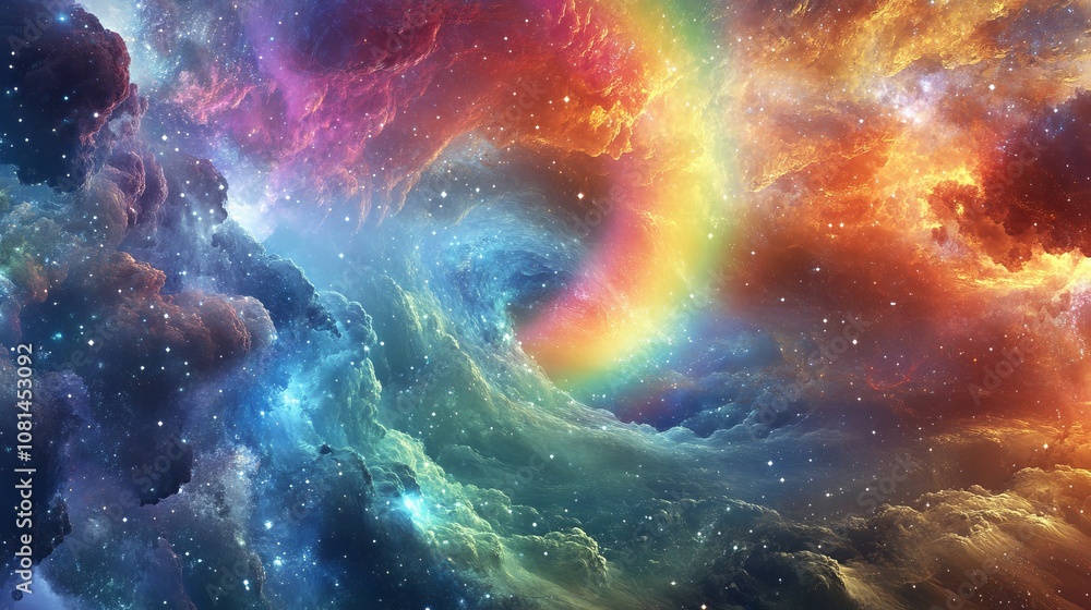 A vibrant cosmic scene filled with colorful clouds, stars, and a swirling rainbow. A vibrant cosmic scene filled with colorful clouds, stars, and a swirling rainbow.