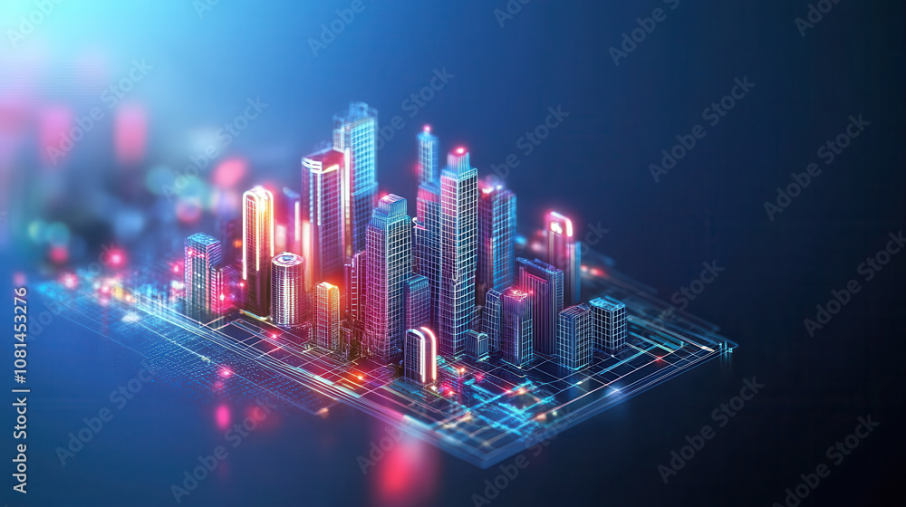 Futuristic cityscape with glowing skyscrapers and digital elements, showcasing advanced technology and urban design Futuristic cityscape with glowing skyscrapers and digital elements, showcasing advanced technology and urban design
