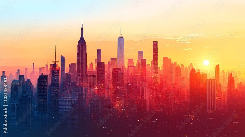 Obraz premium Urban skyline silhouette at sunset with pure color background, featuring high-rise buildings and skyscrapers against a vibrant sky, symbolizing modern city life and architecture.