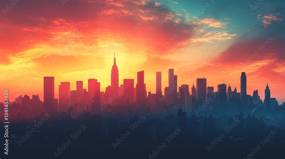 Urban skyline silhouette at sunset with pure color background, featuring high-rise buildings and skyscrapers against a vibrant sky, symbolizing modern city life and architecture. Urban skyline silhouette at sunset with pure color background, featuring high-rise buildings and skyscrapers against a vibrant sky, symbolizing modern city life and architecture.