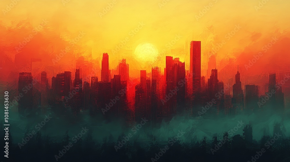 Fototapeta premium Urban skyline silhouette at sunset with pure color background, featuring high-rise buildings and skyscrapers against a vibrant sky, symbolizing modern city life and architecture.