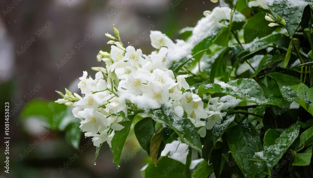 Beautiful Fresh White Winter Jasmine Blossoms with Water Drops on Green Leaves, Natural Garden Flora Macro Photography with Fragrant Flowers in Bright Spring Season Background Beautiful Fresh White Winter Jasmine Blossoms with Water Drops on Green Leaves, Natural Garden Flora Macro Photography with Fragrant Flowers in Bright Spring Season Background