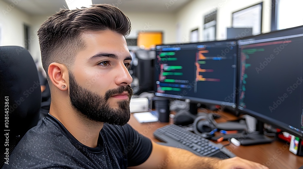 Focused professional man working on multiple computer screens in a modern well equipped workspace He is deep in data coding or completing other technical tasks at his desk Focused professional man working on multiple computer screens in a modern well equipped workspace He is deep in data coding or completing other technical tasks at his desk