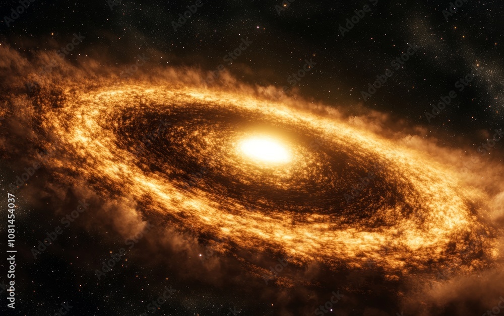 A stunning depiction of a galaxy with a bright core surrounded by a swirling disk of stars and dust.