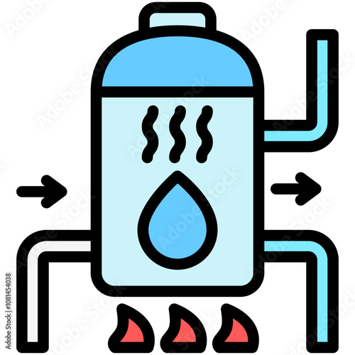 Boiler flat outline color icon, use for UI, UX, app and web development, digital or print. for industry, education, business, ecology and environment, water treatment theme.