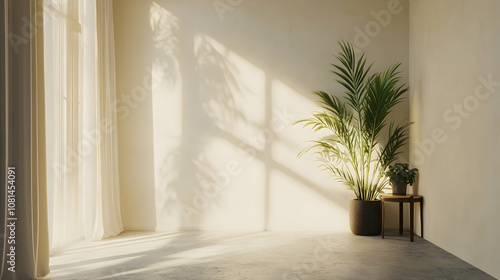 A serene interior space with soft sunlight casting shadows, featuring a large potted plant and a small table, creating a peaceful and inviting atmosphere.