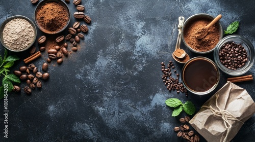 Assortment of coffee ingredients and spices on dark textured background