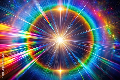 Stunning Double Exposure of Rainbow Halo Rays with Holographic Lens Flare Reflections on Dark Background for Artistic and Design Projects