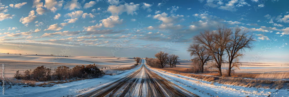 Obraz premium Endless Scenic Highway: Winter Grasp on North Dakota's Rural Landscape