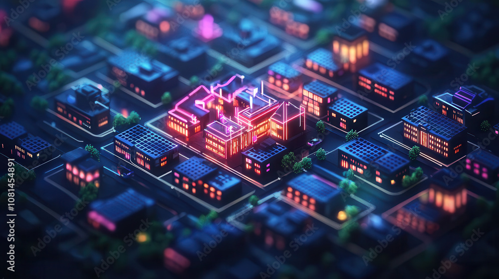 Obraz premium vibrant isometric cityscape featuring illuminated buildings and streets, showcasing futuristic urban environment at night. colorful lights create lively atmosphere
