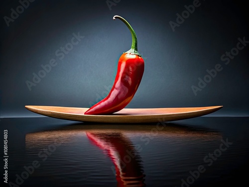 Surreal Imagery of a Surfboard Placed Inside a Vibrant Red Chili Pepper on a Black Background, Capturing Unusual Concepts and Vivid Colors photo