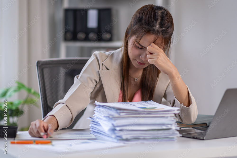 Business woman, anxiety and documents in office, feeling tired and stressed from working on laptop at the office, Angered, furious, crazy,mad millennial,Depression, overworked, failure,