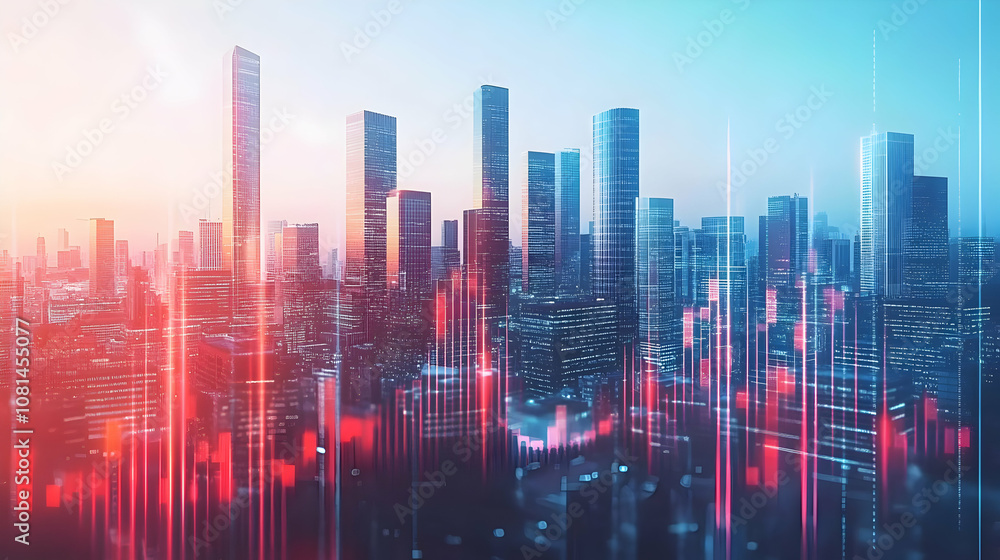 Abstract Cityscape with Dynamic Financial Data Overlay, Illustrating Urban Growth and Economic Trends at Sunset Abstract Cityscape with Dynamic Financial Data Overlay, Illustrating Urban Growth and Economic Trends at Sunset