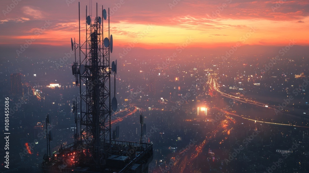 Cityscape at Twilight with Communication Tower Cityscape at Twilight with Communication Tower