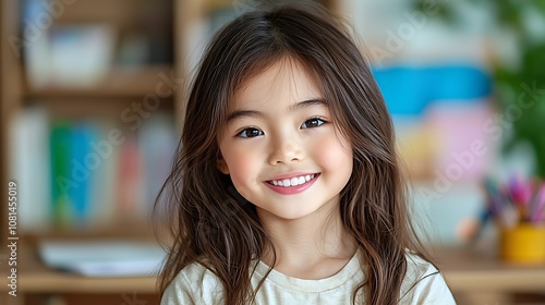 Smiling Asian Girl Sitting at Table in Room Filled with Books Expressing Joy and Happiness