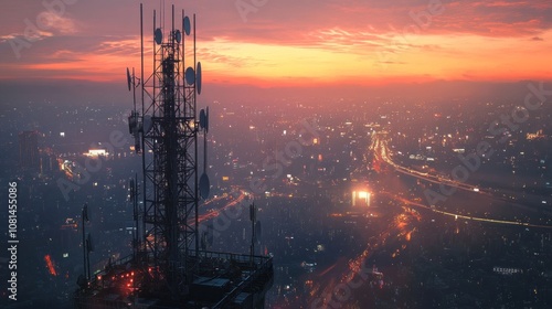 Cityscape at Twilight with Communication Tower