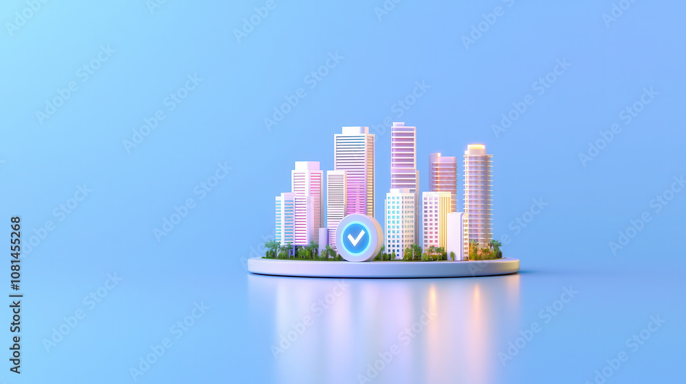 Fototapeta premium Isometric 3D cityscape with smart energy grid icon, showcasing modern architecture and greenery. This vibrant scene represents urban development and sustainability