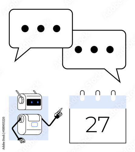 Robot with speech bubbles and calendar with date 27. Ideal for communication, scheduling, AI, technology, reminders, time management, automation themes. Line metaphor