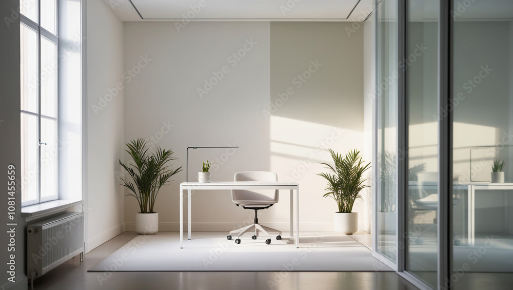Fototapeta premium AI generative. 3d render of minimal clean home office design with white ambience. 2