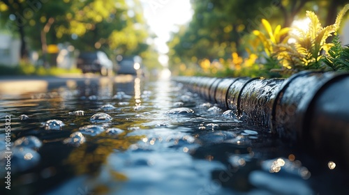 Fototapeta Naklejka Na Ścianę i Meble -  A close-up view of a small urban stream flowing through a city street with bubbles and water features.