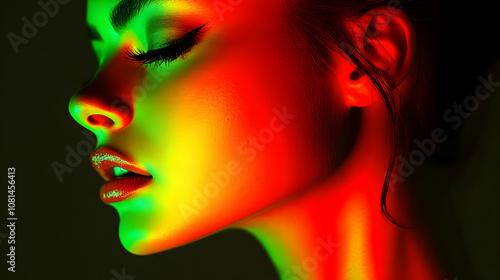 Vibrant Rainbow Light Illuminates Woman's Face, Profile View, Abstract Beauty Portrait