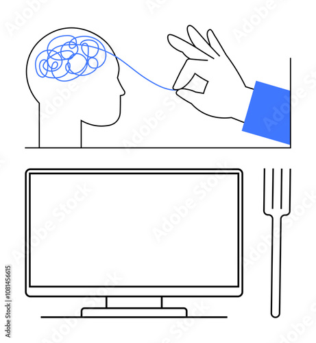 Hand unraveling tangled thoughts in human head, large monitor screen, and fork representing structured thinking. Ideal for mental clarity, problem-solving, therapy, meditation, focus, education