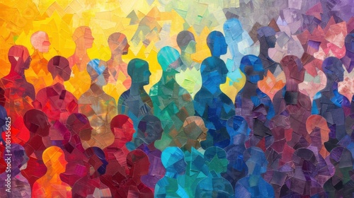 A colorful mosaic of diverse human silhouettes blending into a vibrant abstract background, Representing the harmonious integration of different cultures and identities, minimalist style