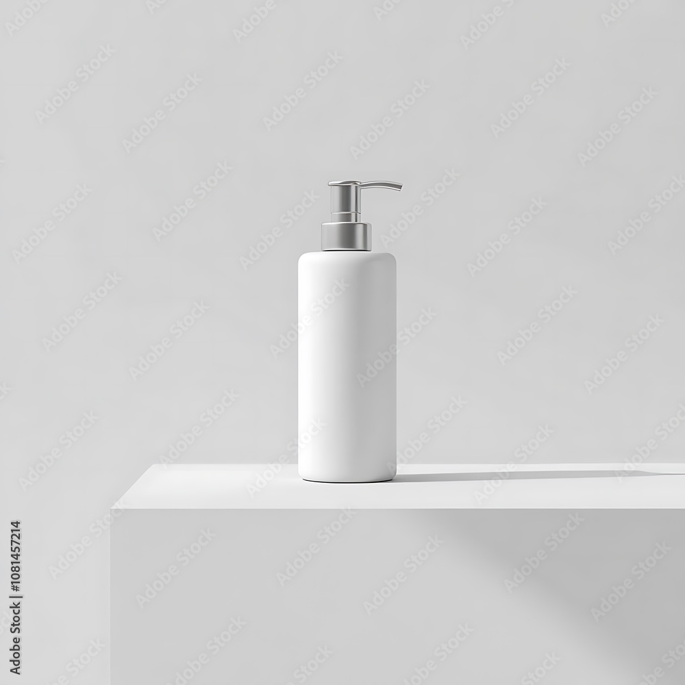 White Pump Bottle on a White Platform Against a White Background White Pump Bottle on a White Platform Against a White Background