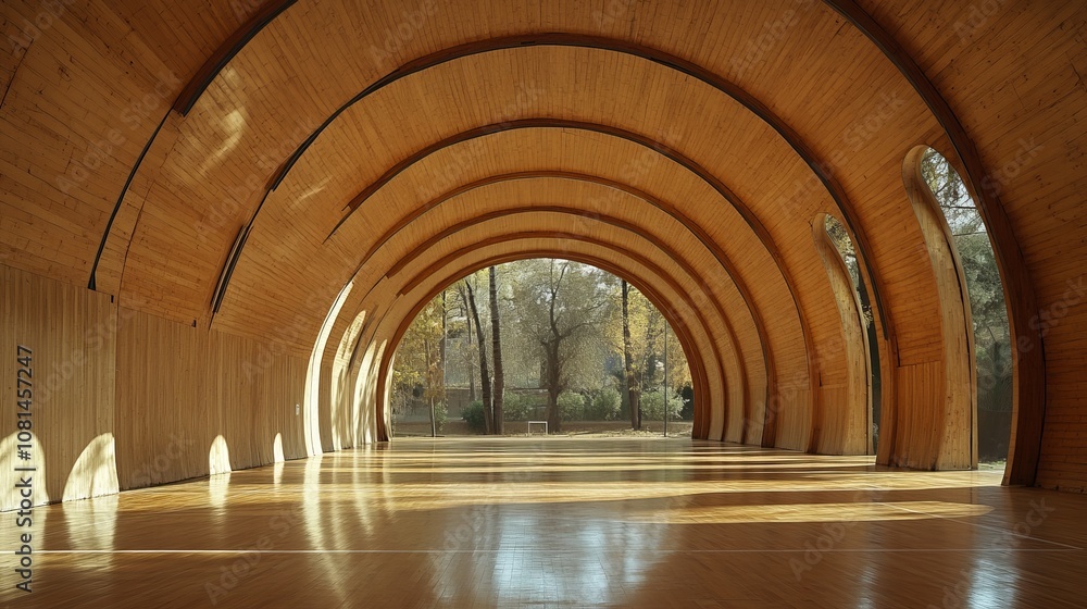 Wooden portico tunnel, 3 meters long, designed like the Maiombe forest, located in the center of a futsal field, creating a secluded and atmospheric space within the sports environment. Wooden portico tunnel, 3 meters long, designed like the Maiombe forest, located in the center of a futsal field, creating a secluded and atmospheric space within the sports environment.