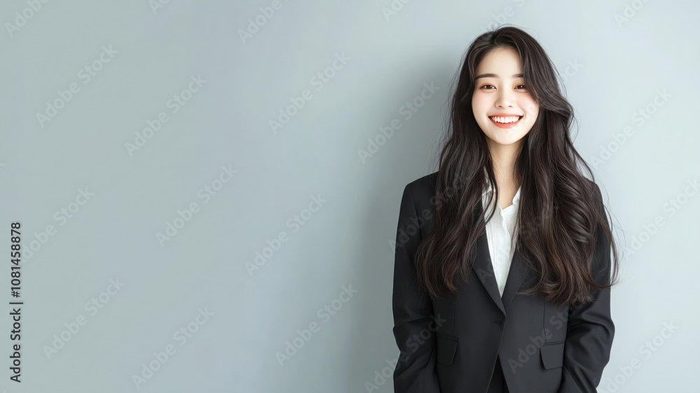 Chinese business woman in suit blazer isolated on gray, lawyer secretary Chinese business woman in suit blazer isolated on gray, lawyer secretary