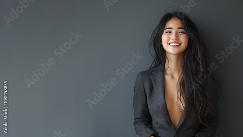 Chinese business woman in suit blazer isolated on gray, lawyer secretary