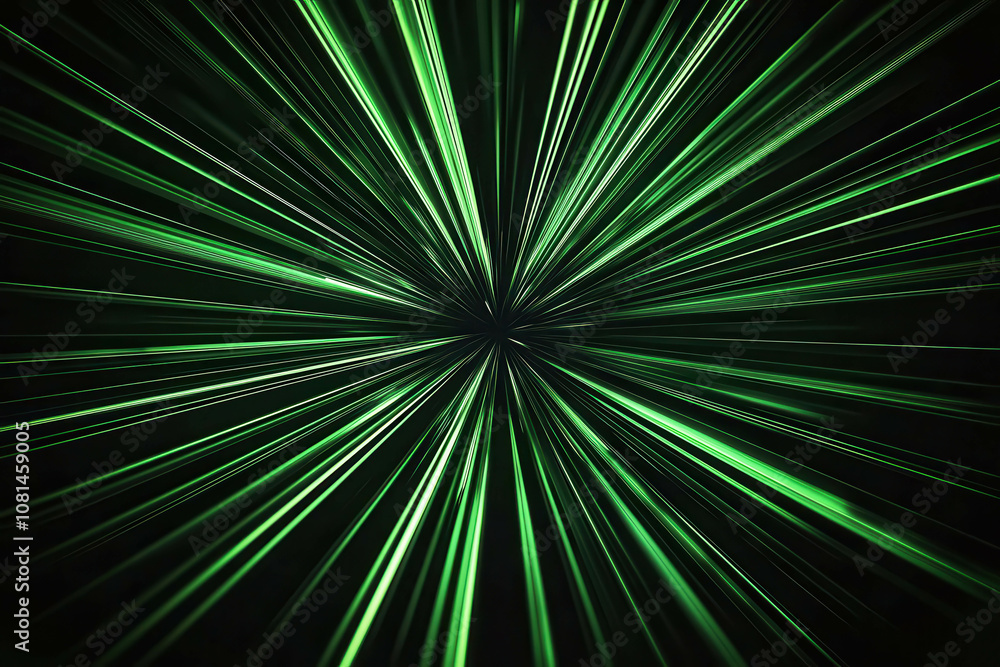 Dynamic Green Light Rays Creating an Abstract Starburst Effect Against a Black Background, Ideal for Modern Designs and Digital Art Projects. Dynamic Green Light Rays Creating an Abstract Starburst Effect Against a Black Background, Ideal for Modern Designs and Digital Art Projects.