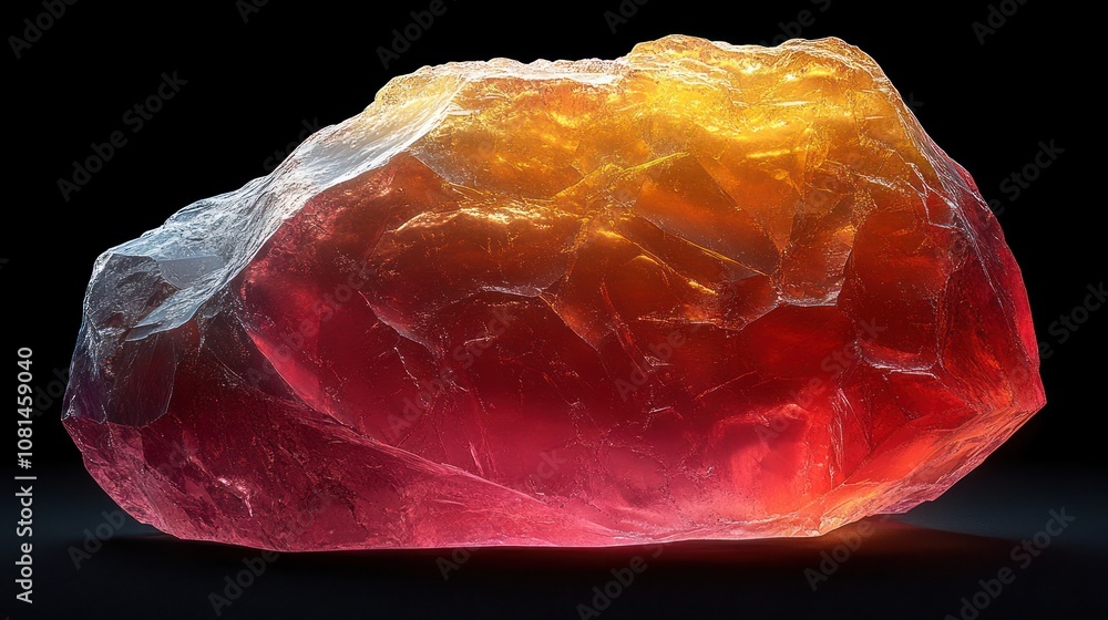 A glowing red and yellow crystal on a black background. A glowing red and yellow crystal on a black background.