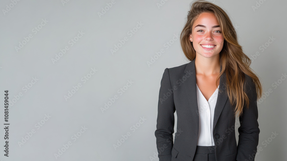 Germany business woman in suit blazer isolated on gray, lawyer secretary Germany business woman in suit blazer isolated on gray, lawyer secretary