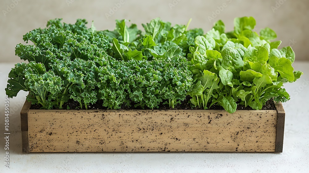 Fresh Green Leafy Vegetables Growing in Wooden Planter Box Fresh Green Leafy Vegetables Growing in Wooden Planter Box