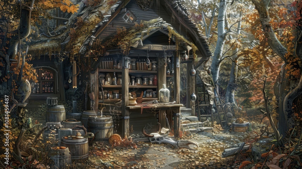 Obraz premium A rustic cabin deep in the woods where a lone hermit spends their days concocting mysterious remedies and performing ancient rituals. The cabin is filled with dried herbs animal bones