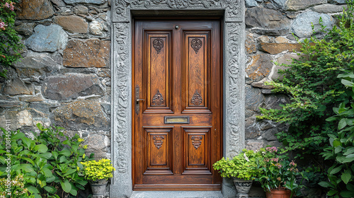 Elegant Wooden Door Framed by Stone Wall with Decorative Carvings Surrounded by Lush Greenery and Vibrant Flower Pots in a Cozy Outdoor Setting