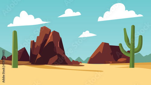 American Desert Landscape with Rocky Cliff Mountain and Cactus in Bright Sky