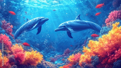 Two dolphins swim through a vibrant coral reef with beams of sunlight shining down.