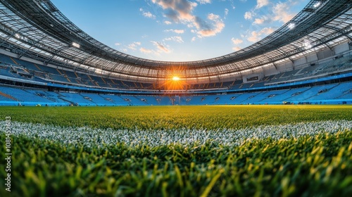 A green soccer field with white lines in front of a large stadium at sunset.