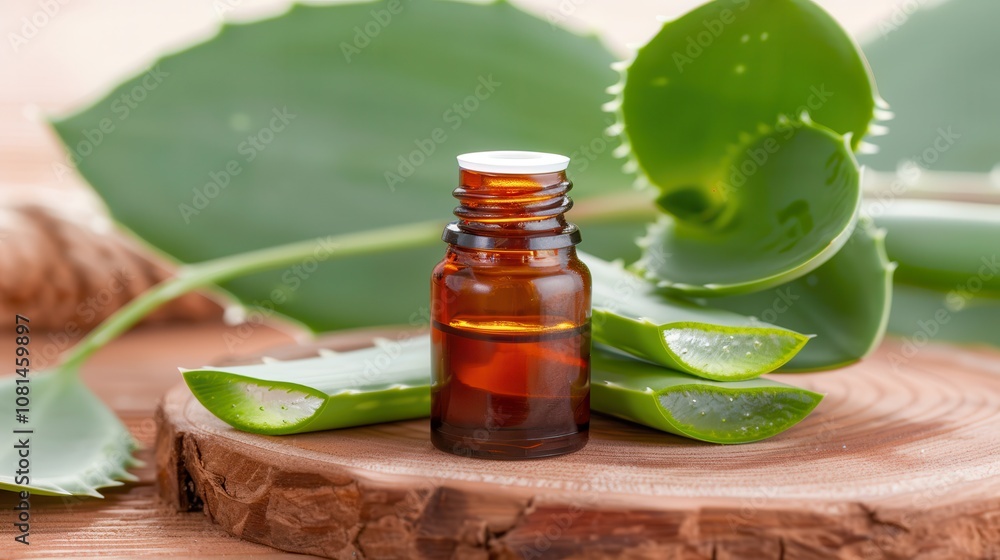 Herbal aloe vera oil for natural skincare benefits.A small brown glass bottle of essential oil placed on wood, surrounded by fresh aloe vera leaves. Herbal aloe vera oil for natural skincare benefits.A small brown glass bottle of essential oil placed on wood, surrounded by fresh aloe vera leaves.