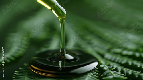 Herbal aloe vera oil for natural skincare benefits.A close-up of a dropper releasing green oil onto a dark surface surrounded by vibrant green leaves.