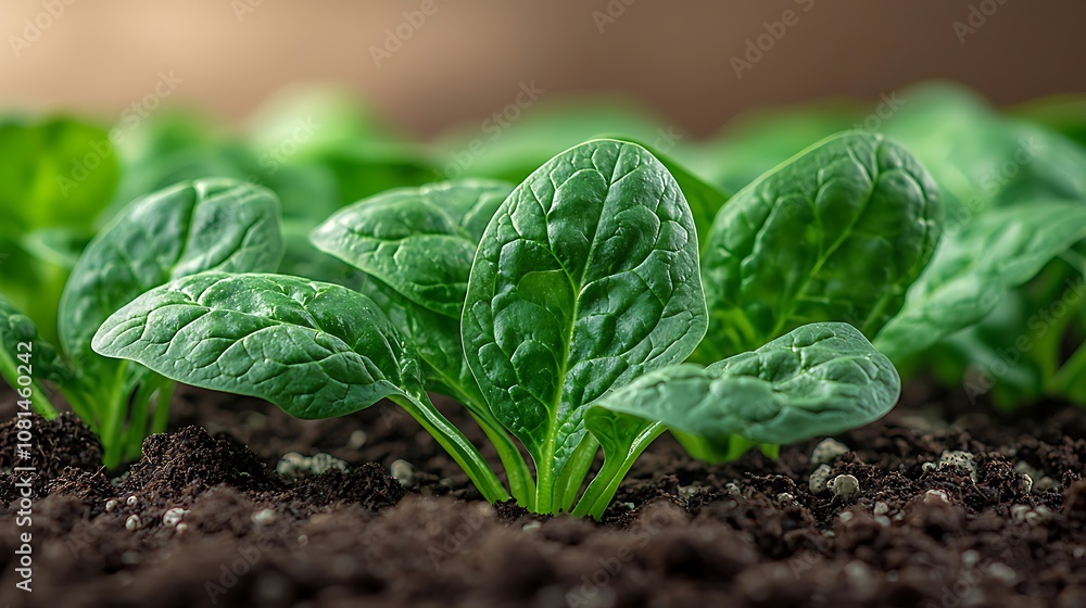 Fresh Green Spinach Leaves Growing in Soil