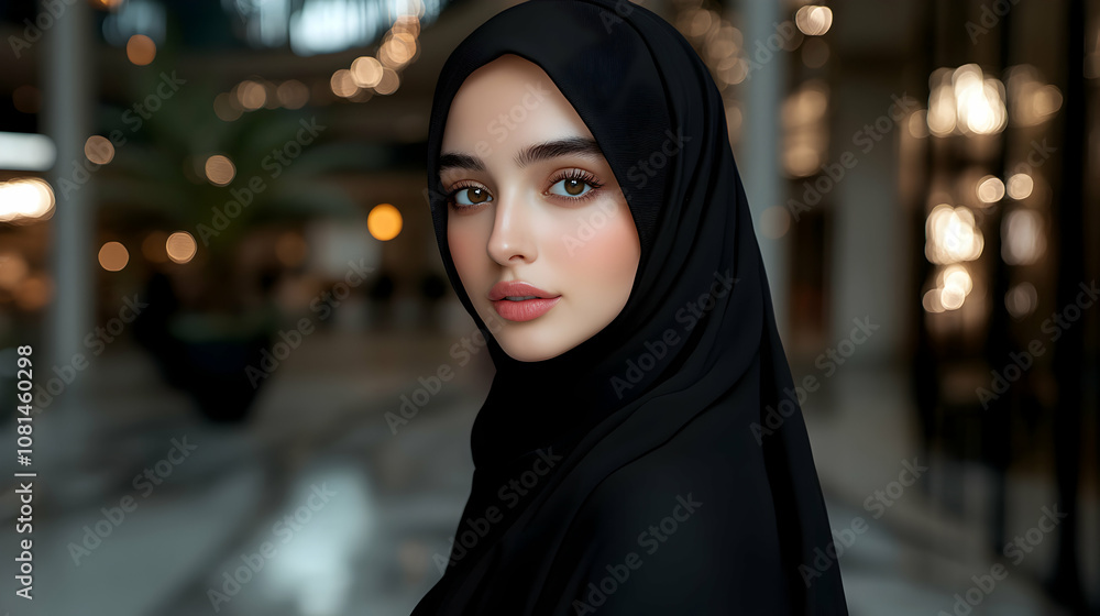 Portrait of a Woman in a Black Hijab, Posing Elegantly in a Modern Setting with Bokeh Background Portrait of a Woman in a Black Hijab, Posing Elegantly in a Modern Setting with Bokeh Background