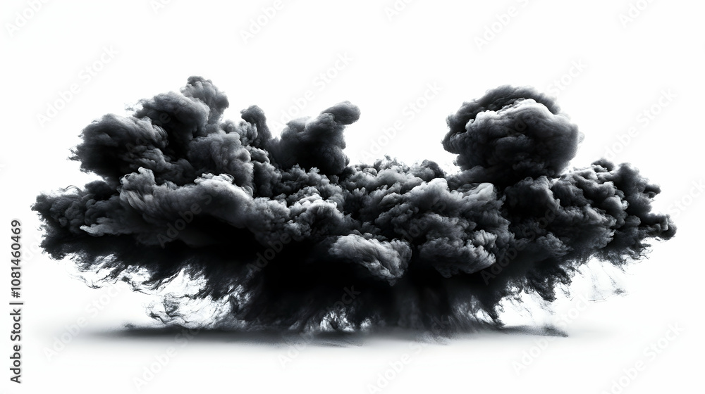 Black Smoke Cloud Illustration: A Dramatic, Dense, and Textured 3D Render of a Dark Smoke Plume Against a White Background, Ideal for Abstract Design and Artistic Projects.