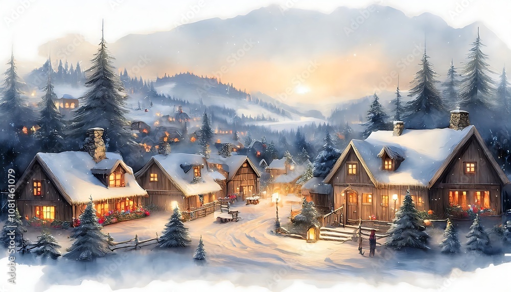 Cozy Scandinavian Christmas village with snow-covered rooftops and soft candlelight at dusk. Generative AI Cozy Scandinavian Christmas village with snow-covered rooftops and soft candlelight at dusk. Generative AI