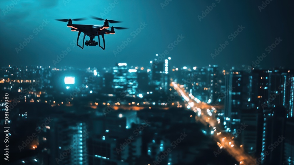 Drone Flying Over Night City Drone Flying Over Night City