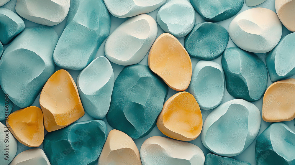 Colorful Abstract Arrangement of Smooth Stones in Shades of Blue, White, and Yellow for Artistic Inspiration and Modern Decor Colorful Abstract Arrangement of Smooth Stones in Shades of Blue, White, and Yellow for Artistic Inspiration and Modern Decor