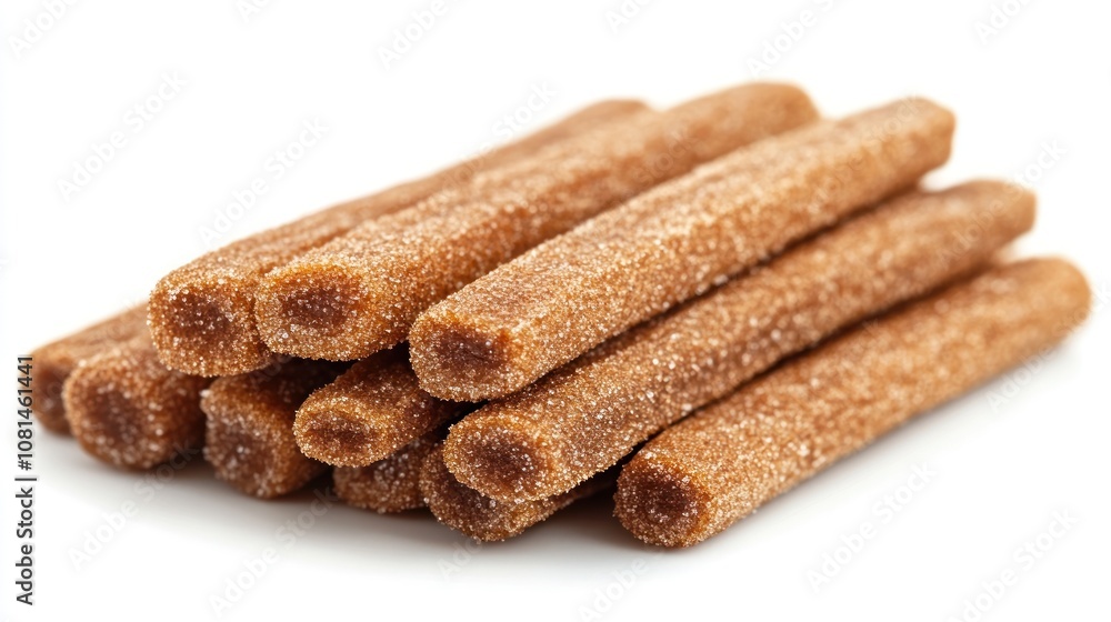 A pile of brown, sugary candy sticks isolated on a white background. A pile of brown, sugary candy sticks isolated on a white background.
